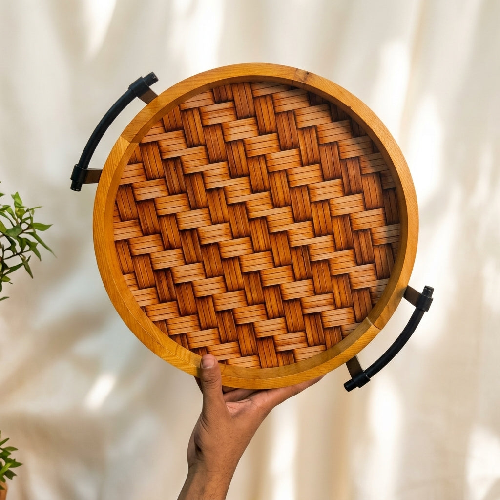 Woven Timber Round Serving Tray Set (Set of 2)