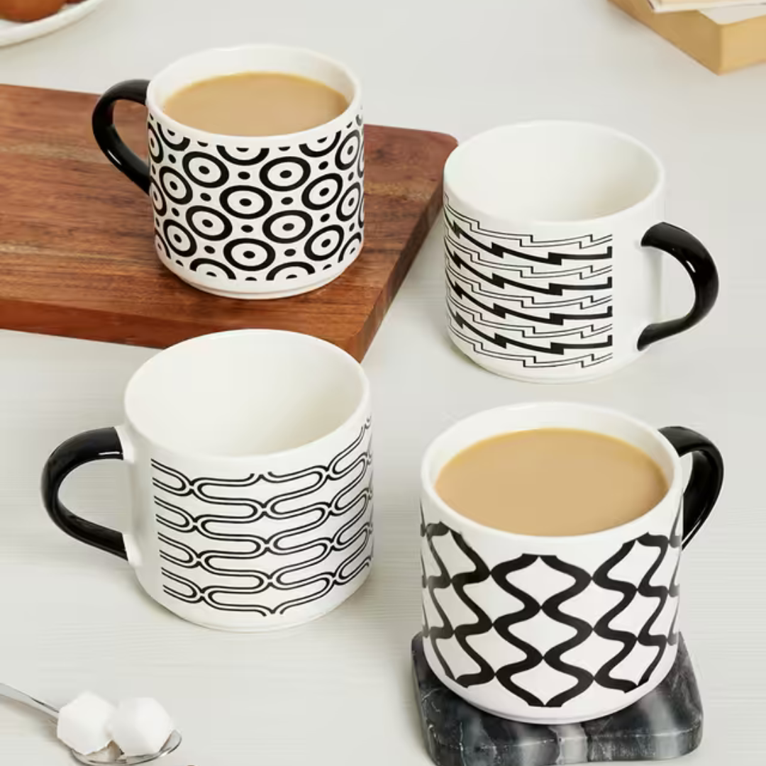 Monochrome Ceramic Mug Set – 4pcs (400ml)