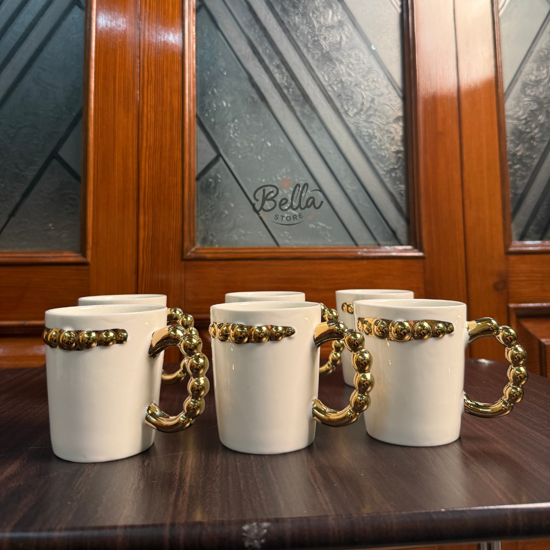 Golden Bead Ceramic Mug Set – 6pcs (300ml)