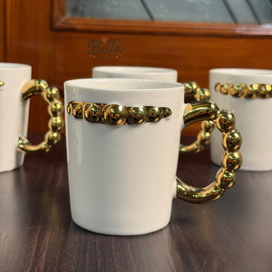 Golden Bead Ceramic Mug Set – 6pcs (300ml)