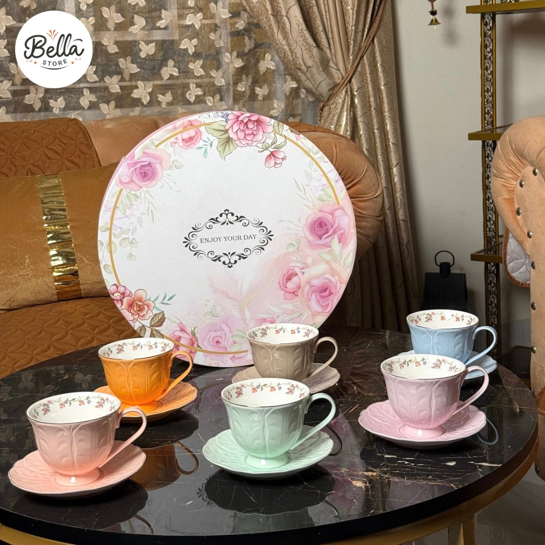 Pastel Elegance – Cup & Saucer Set of 6 with Gift Box