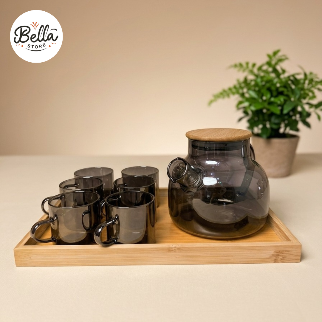 Glass Kettle with 6 glass cups and Bamboo Tray