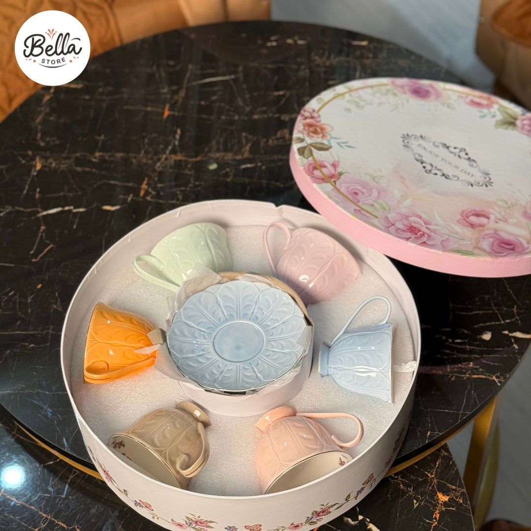 Pastel Elegance – Cup & Saucer Set of 6 with Gift Box