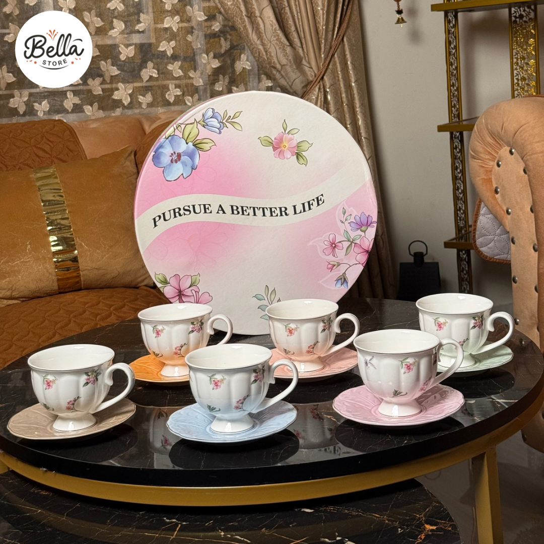 Floral Elegance – Cup & Saucer Set of 6 with Gift Box