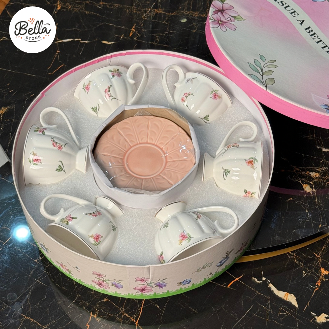 Floral Elegance – Cup & Saucer Set of 6 with Gift Box