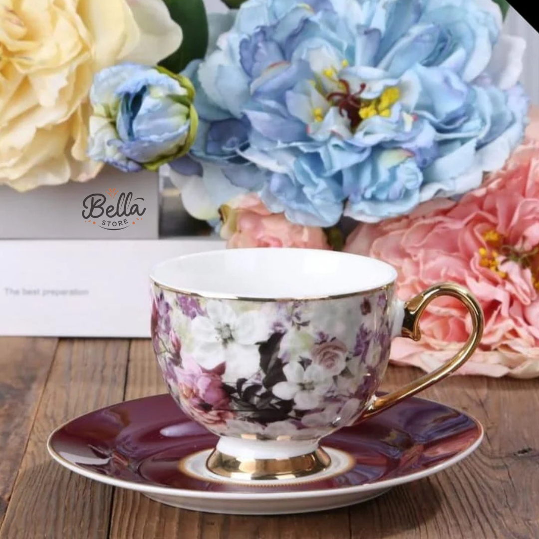Crimson Garden – Cup & Saucer Set of 6 with Gift Box