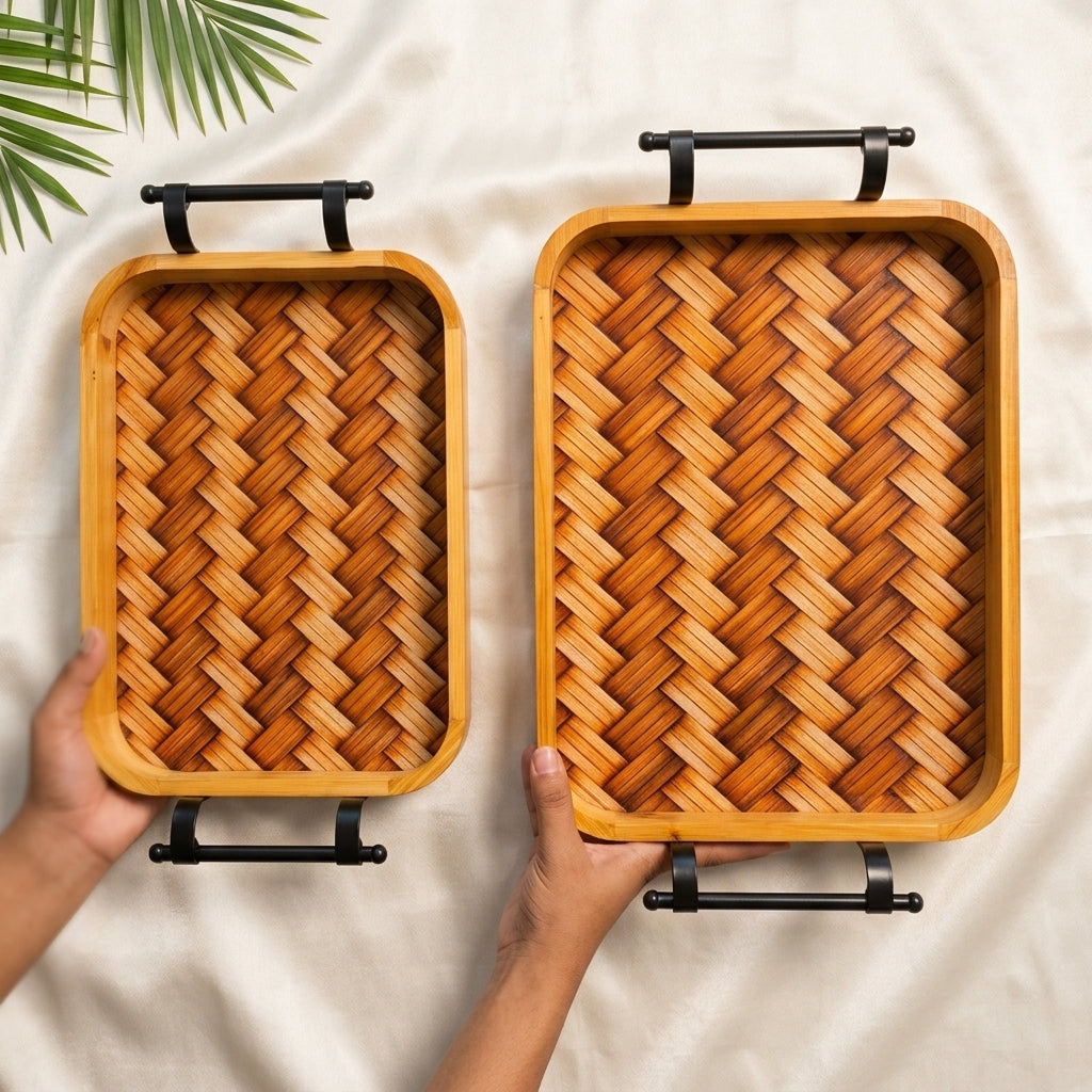 Rattan Weave Serving Tray Set (Set of 2)