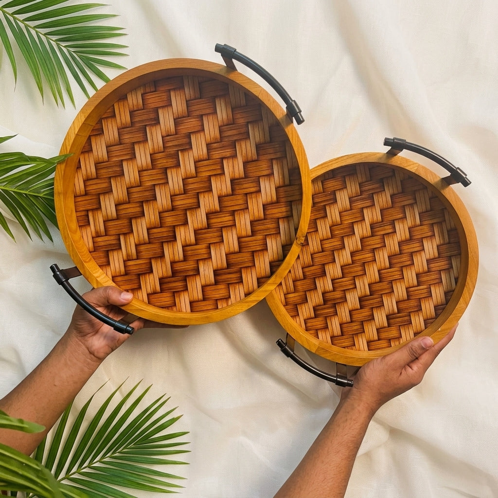 Woven Timber Round Serving Tray Set (Set of 2)