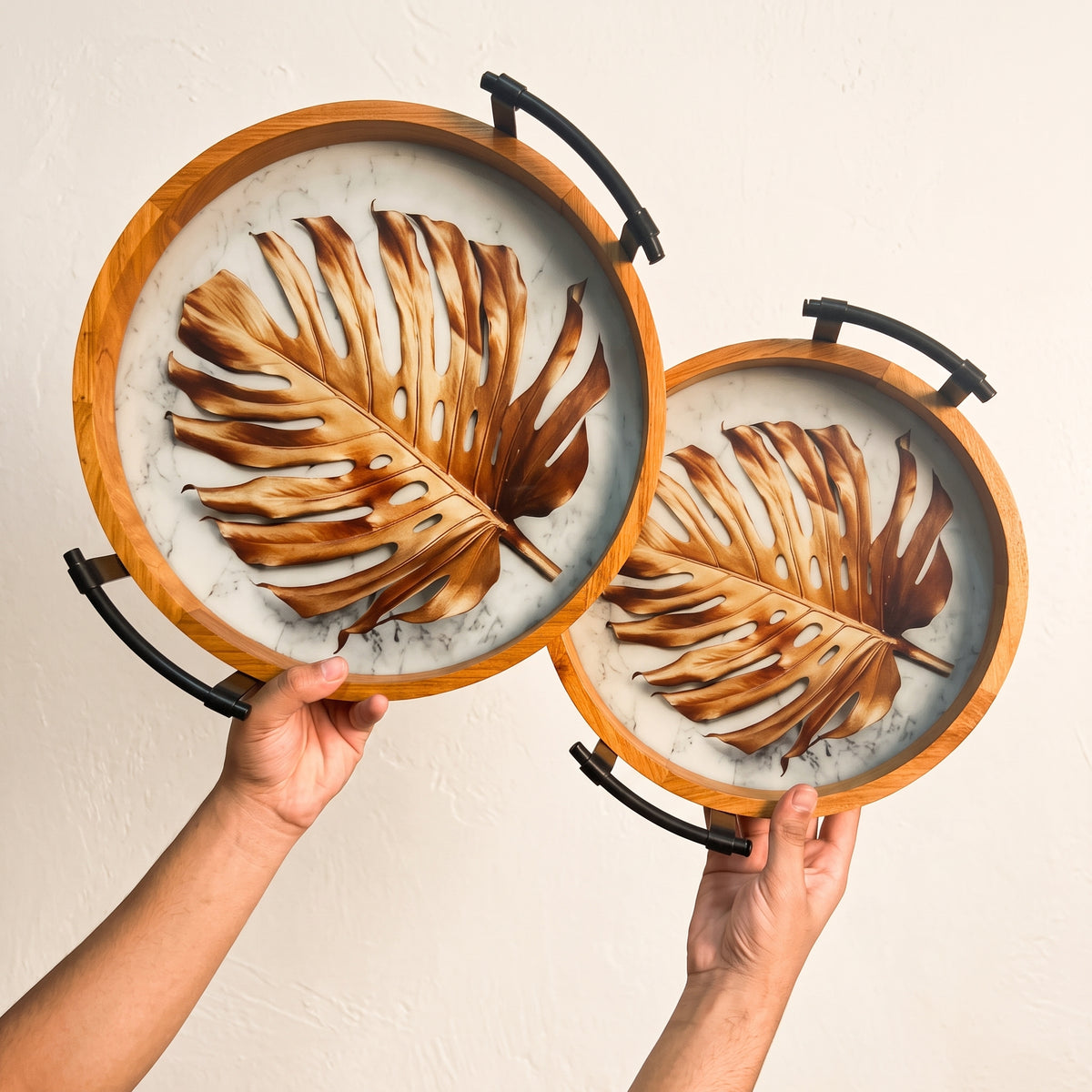 Bronze Leaf Round Serving Tray Set (Set of 2)