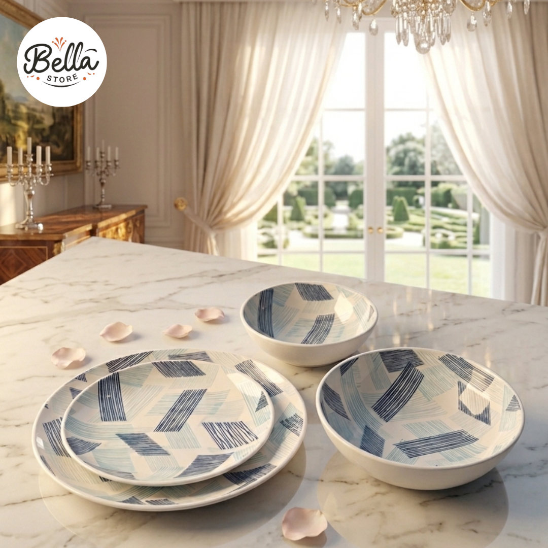 Denny Homes Blue Geometry 24 Pcs Premium Ceramic Set