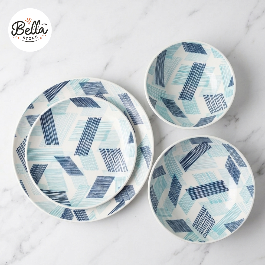 Denny Homes Blue Geometry 24 Pcs Premium Ceramic Set