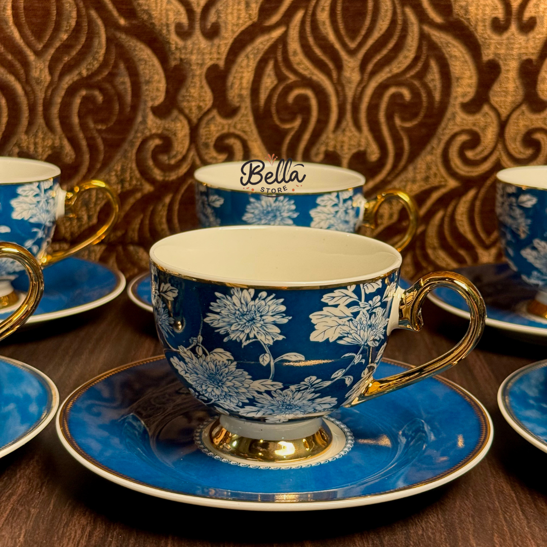 Blue Flora – Cup & Saucer Set of 6 with Gift Box